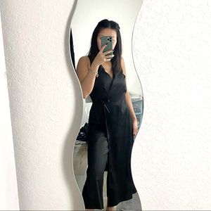 ASOS Satin Black Sleeveless V-Neck Front Tie Wrap Wide Leg Jumpsuit NWT